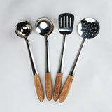 saphora Stainless Steel Cooking And Serving Spoon Wood Handle - 4 Pcs